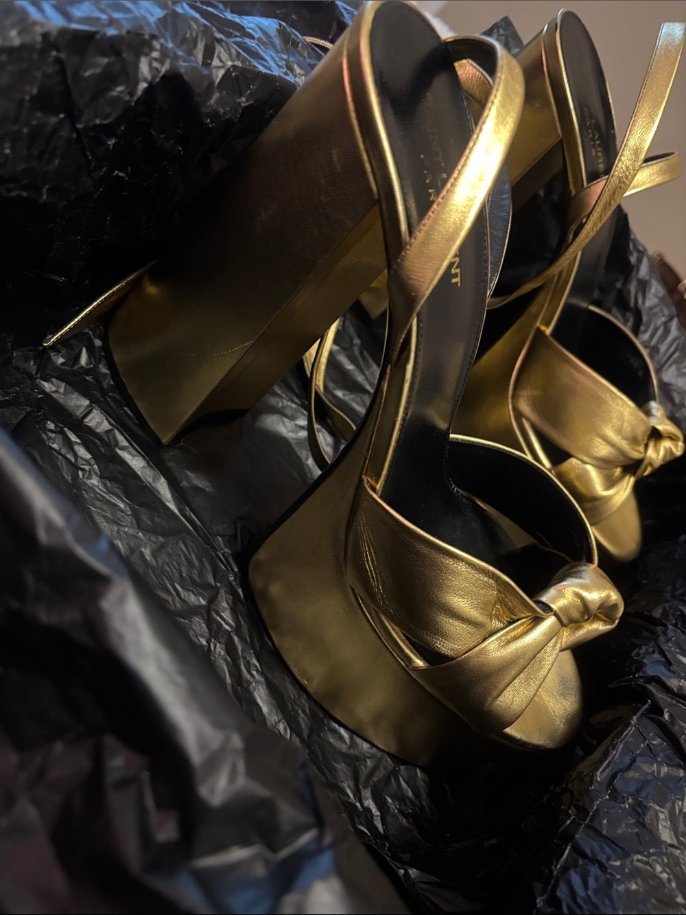 Saint Laurent Gold PAIGE Platform Wrap-Heel Sandals - Picture 5 of 8
